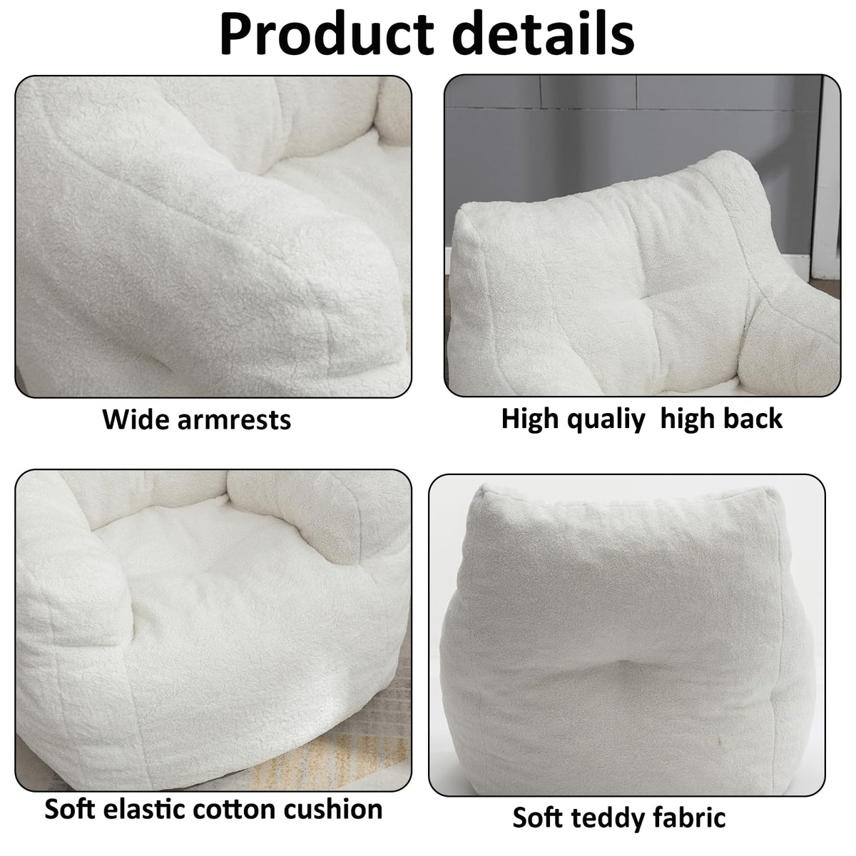 White Tufted Teddy Fabric Bean Bag Sofa with Armrest B730