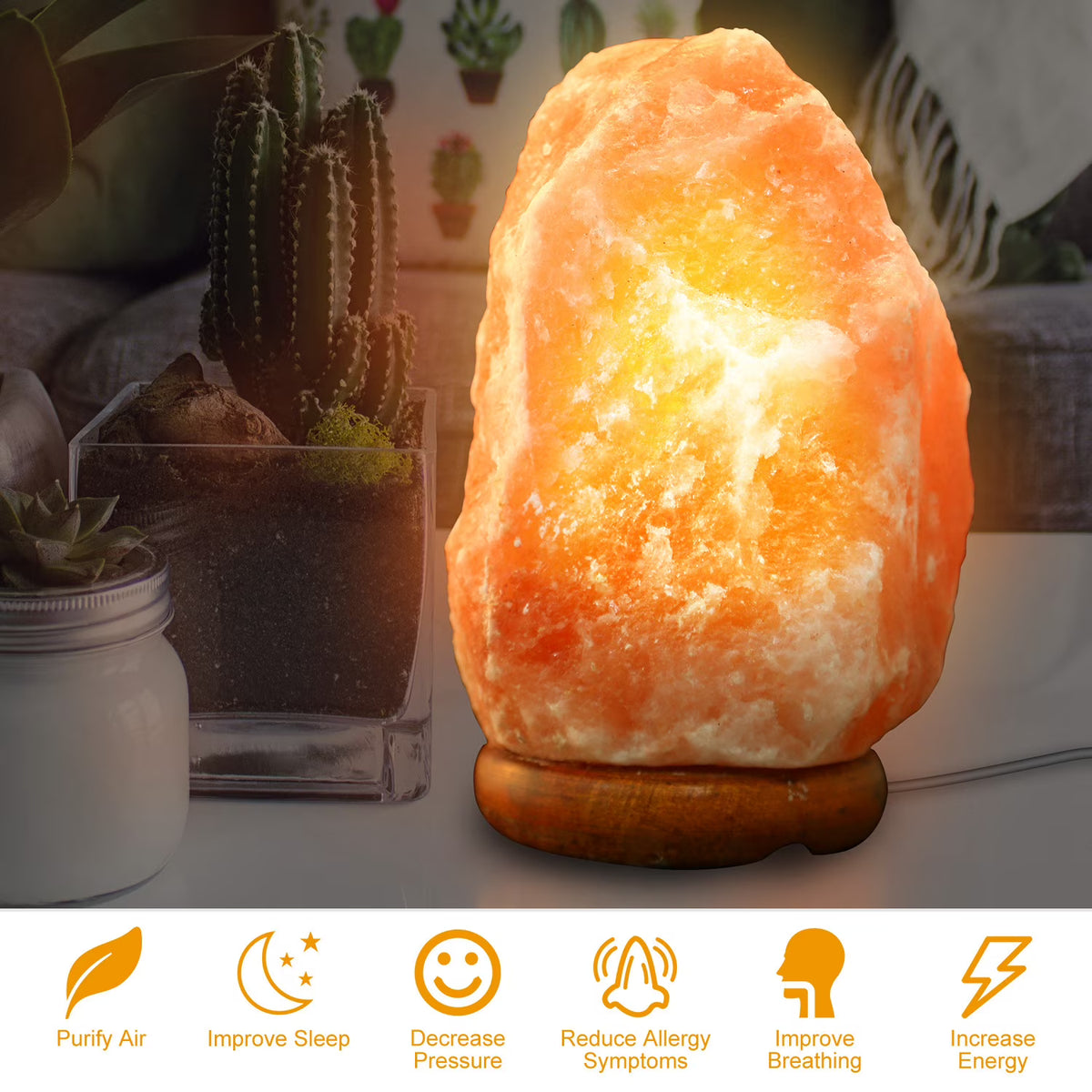 Salt Lamp with Dimmer Switch Hand Carved Table Lamp with Wood Base J601884