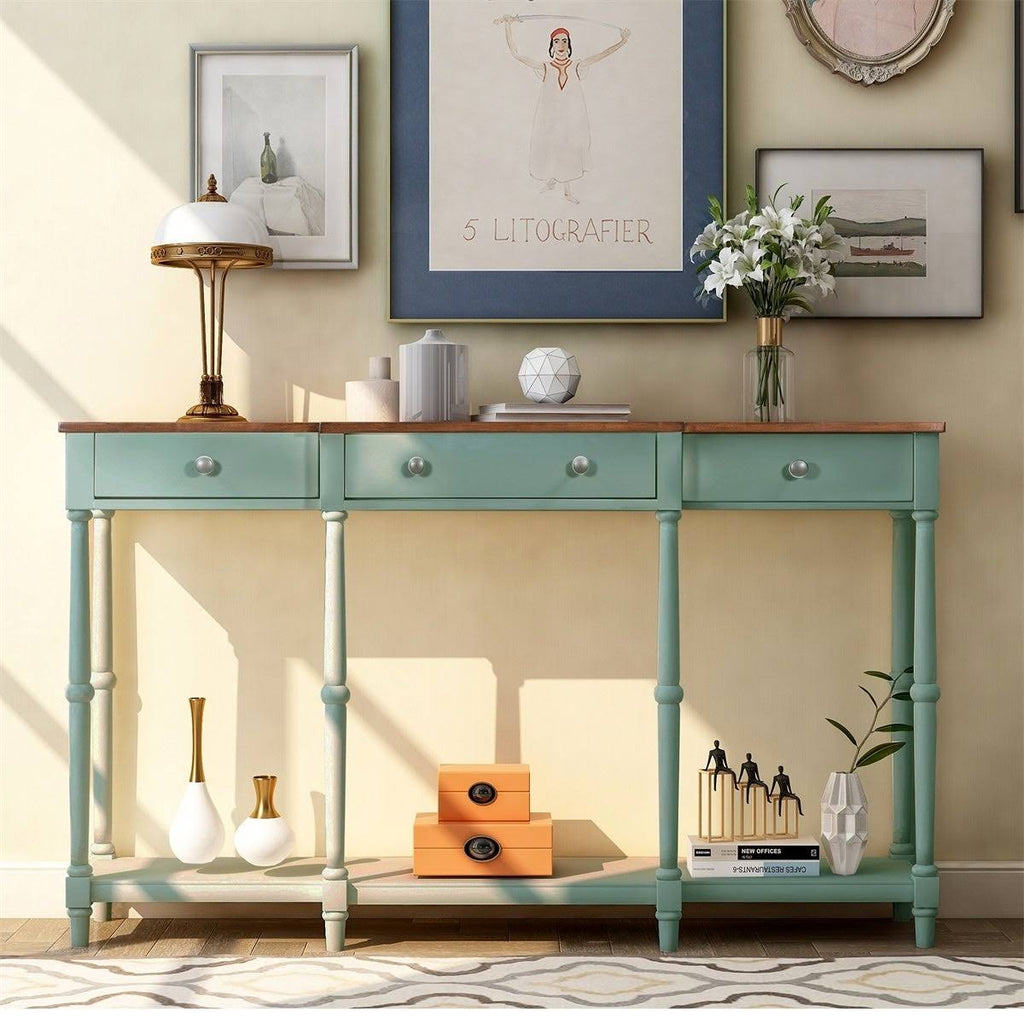 Antique Green Solid Wood Console Table with Storage Shelf and Drawer D553