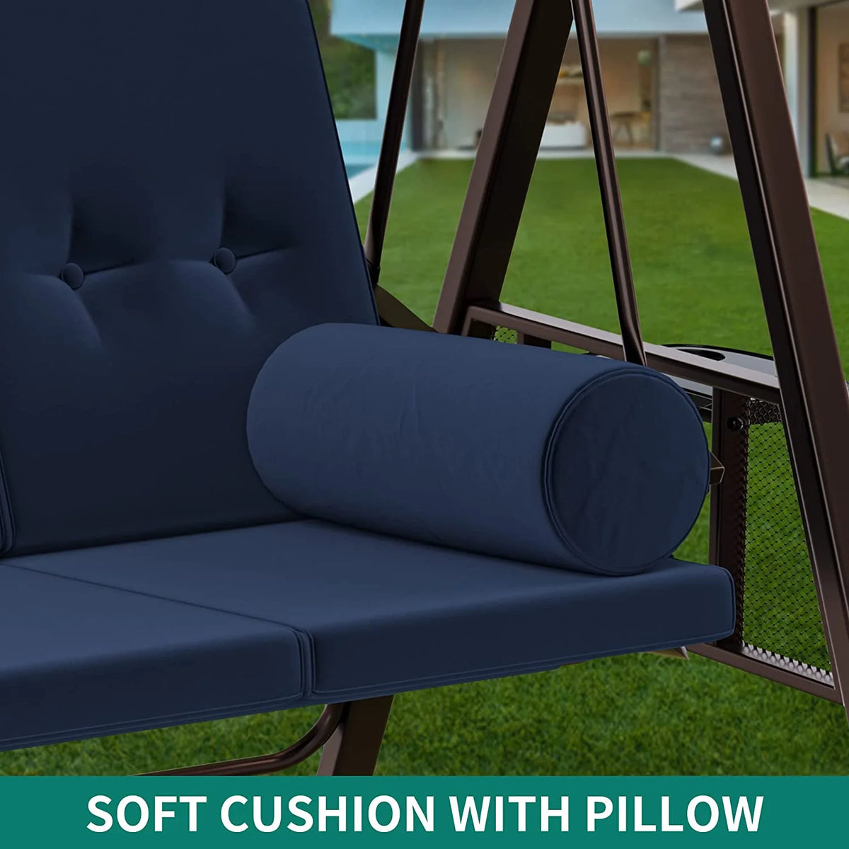 Navy Blue 3-Seat Steel Frame Patio Swing Chair with Canopy and Cushions S698