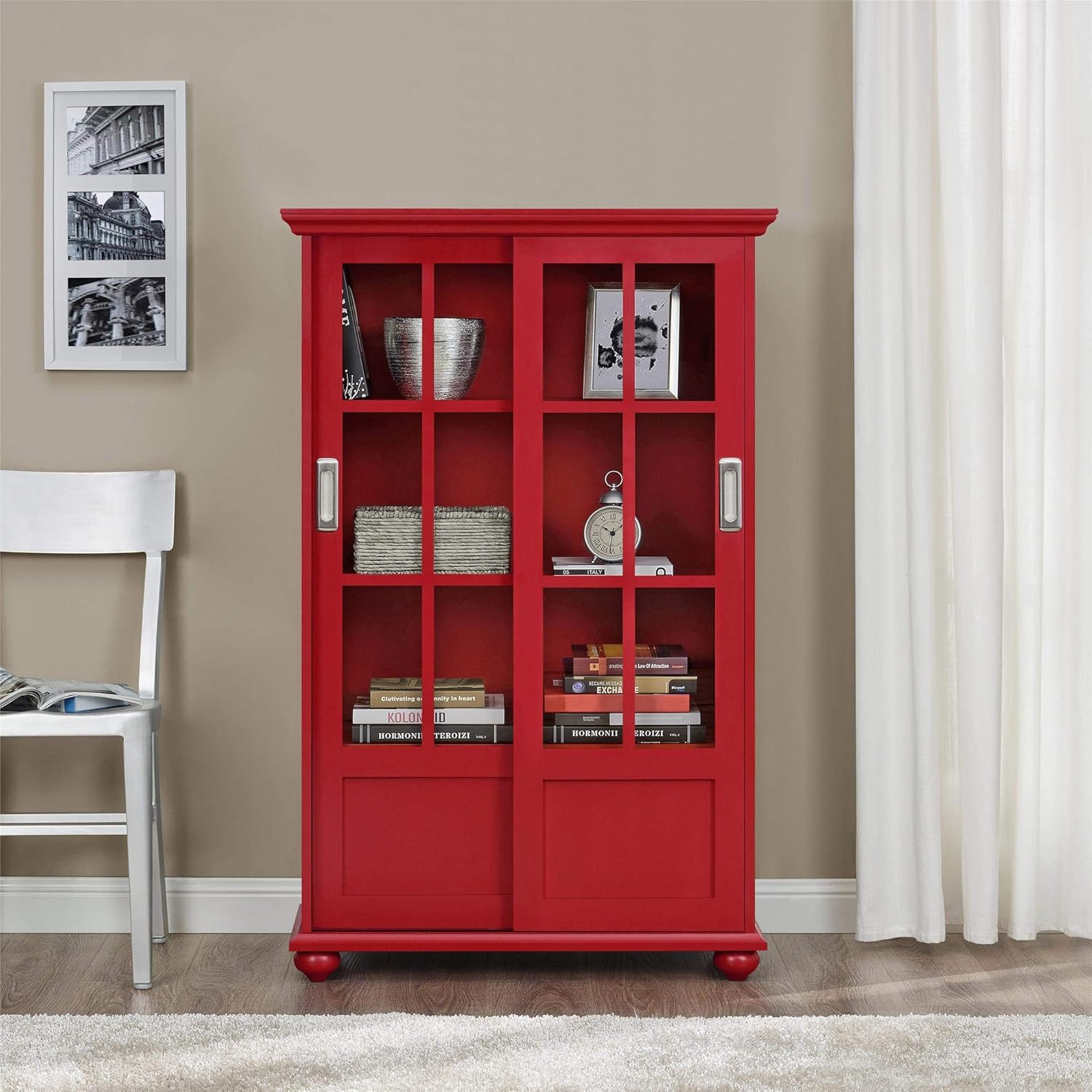 Black Bookcase with Sliding Glass Doors E9127