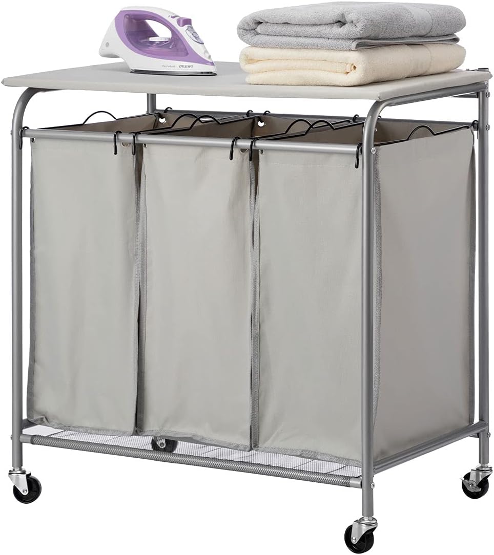 3-Bag Laundry Sorter Cart with Ironing Board Black E806