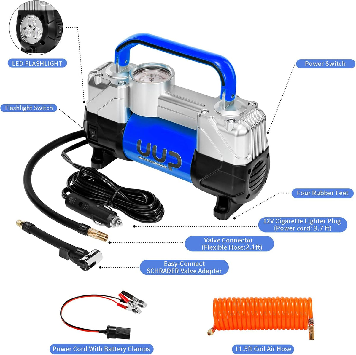Portable Air Compressor Tire Inflator, Double Cylinders, 12V DC, Metal Air Pump, Pack of 2 V78383
