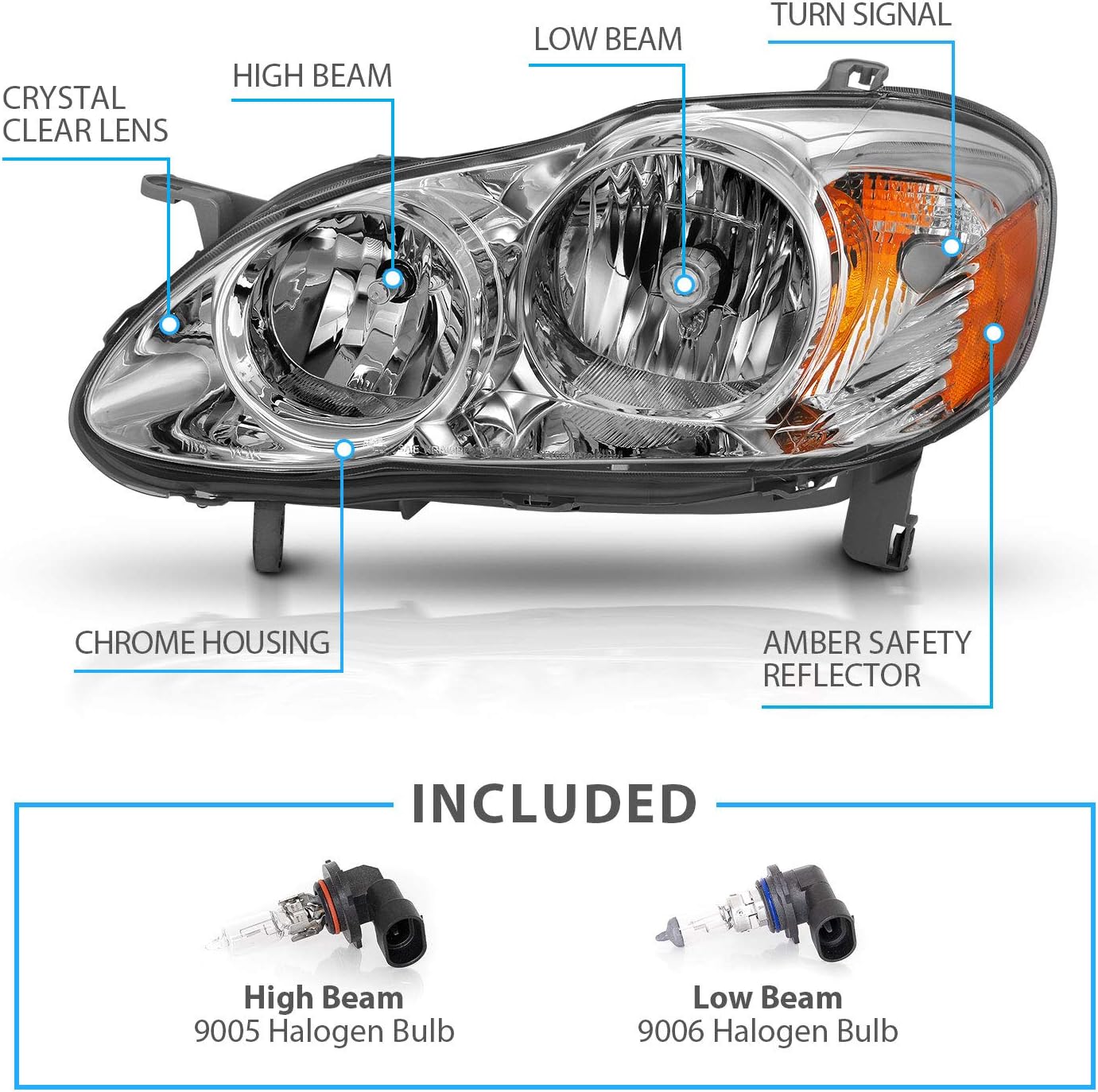 Chrome Replacement Headlights Assembly For 2003-2008 Toyota Corolla (Pair) E52503