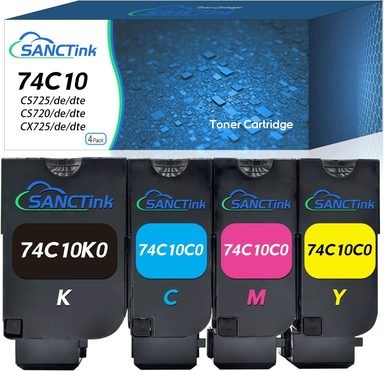 Remanufactured Toner Cartridge Replacement for Lexmark CS725 CX725 CS720 CS720de CS720dte CS725de CS725dte CX725de CX725dte Printer 74C10K0 74C10C0 74C10M0 74C10Y0 (4 Pack) R4390