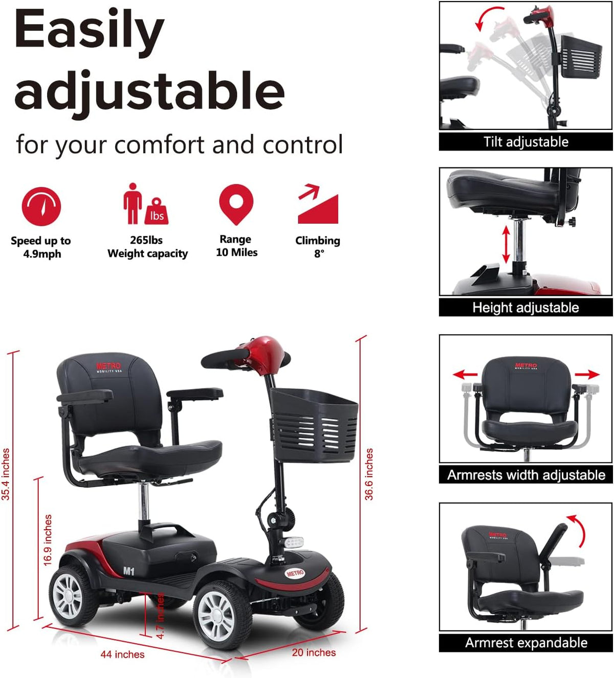 4 Wheel Mobility Scooter with Head Light, Max Speed 5 Mph, Max Load 265lbs K8567