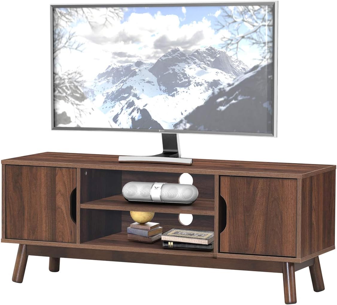 White Wooden TV Stand with 2 Cabinets & 2 Open Shelves Y3902