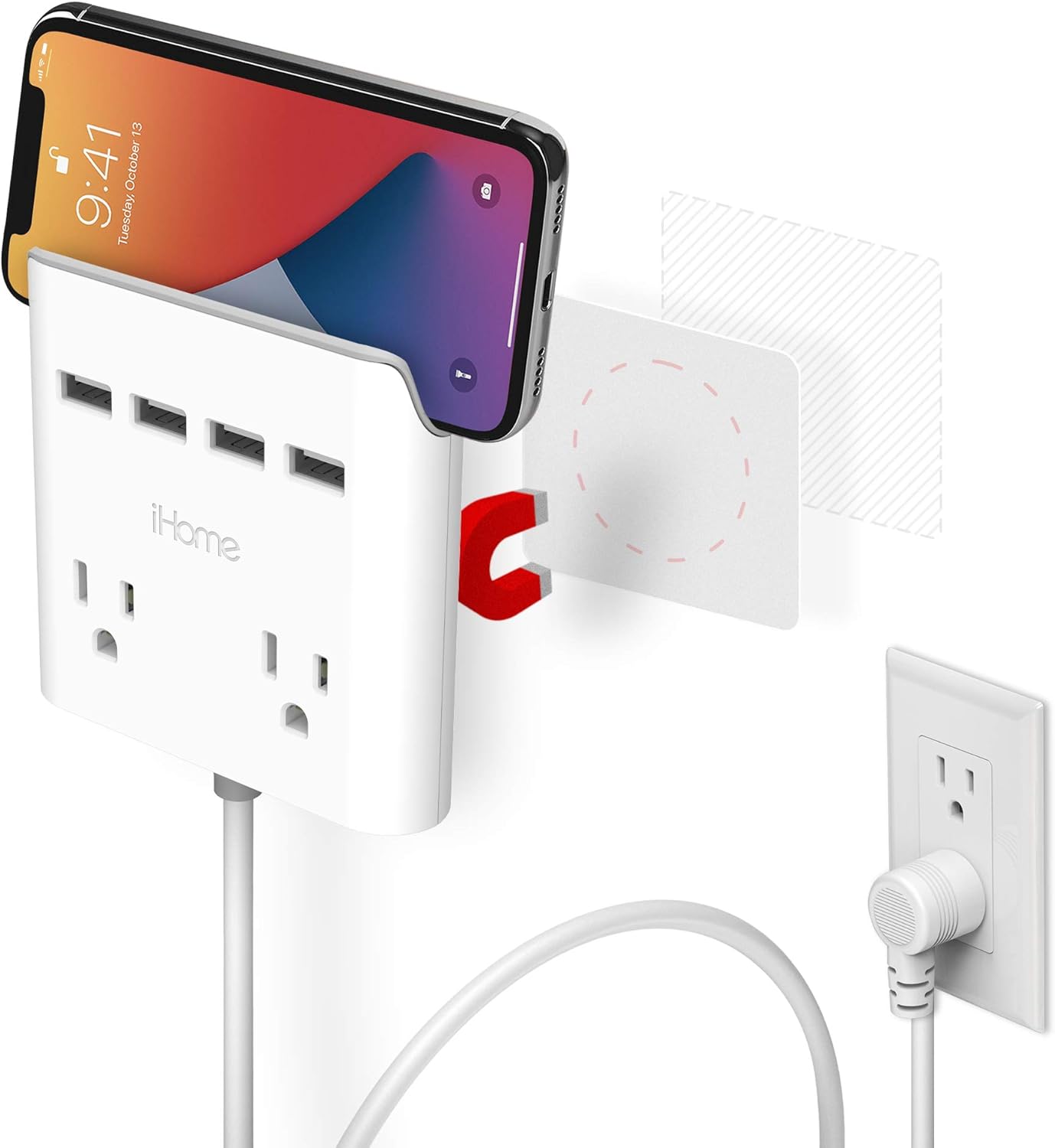 4 Outlets 3 USB Ports Extension Cord Wall Mount Pack of 2 Z27805