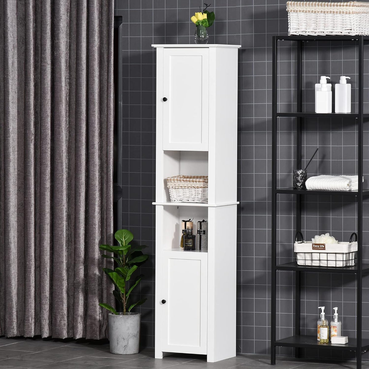 White Freestanding Bathroom Storage Cabinet with 2-Tier Shelf and 2 Cupboards X643