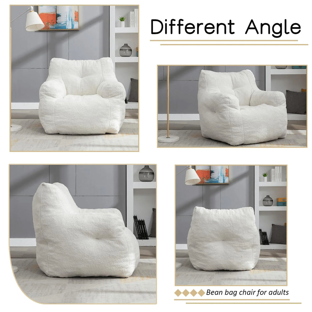 White Tufted Teddy Fabric Bean Bag Sofa with Armrest B730