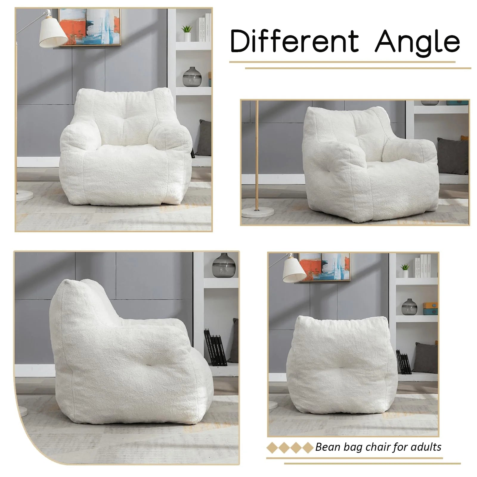 White Tufted Teddy Fabric Bean Bag Sofa with Armrest B730