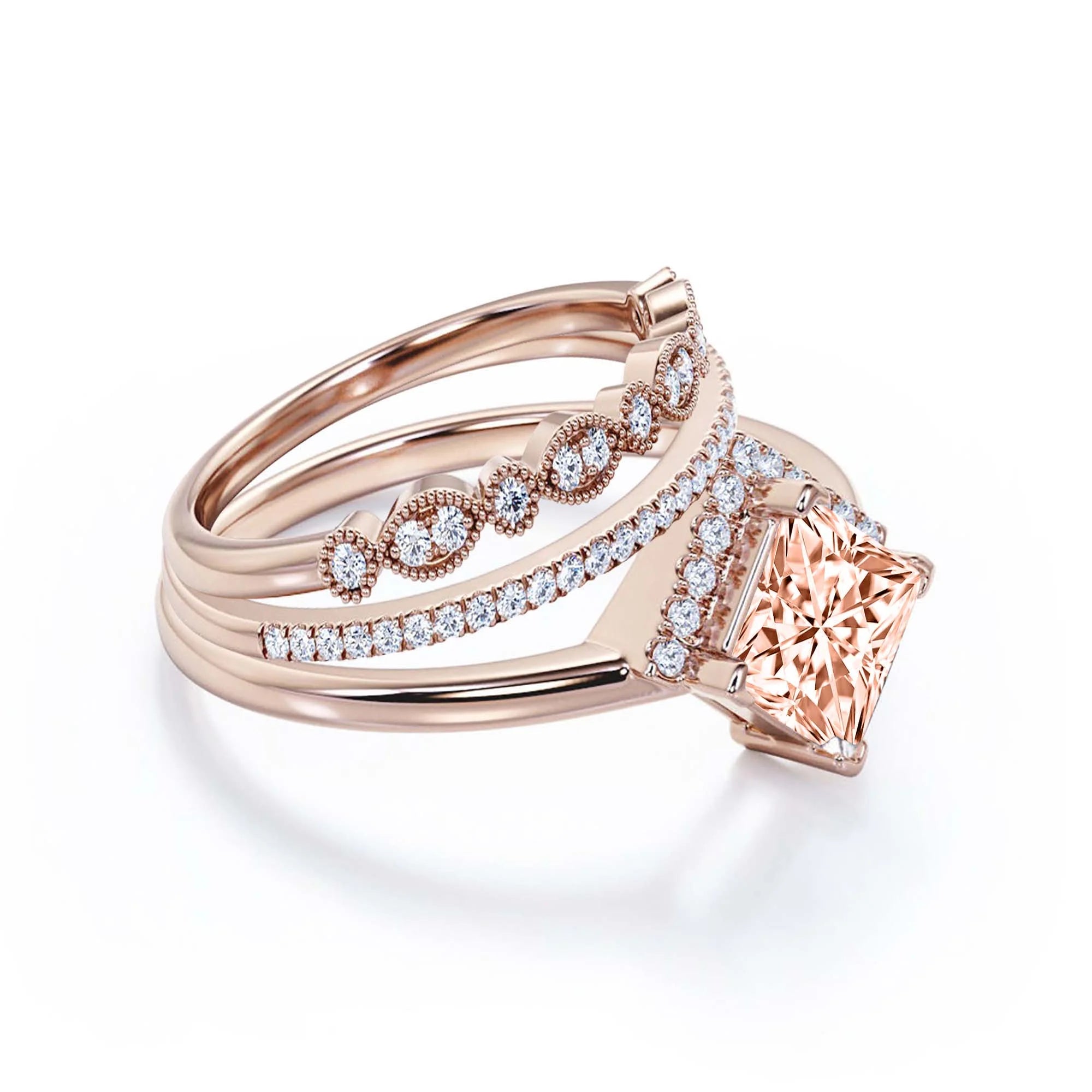 2.50 Carat Princess Cut Morganite And Diamond Moissanite Dainty Engagement Ring Trio Set Q463