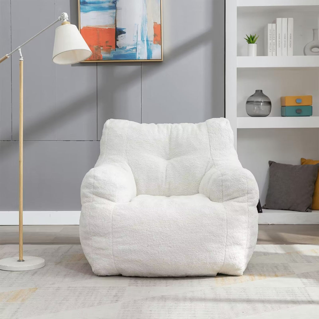 White Tufted Teddy Fabric Bean Bag Sofa with Armrest B730