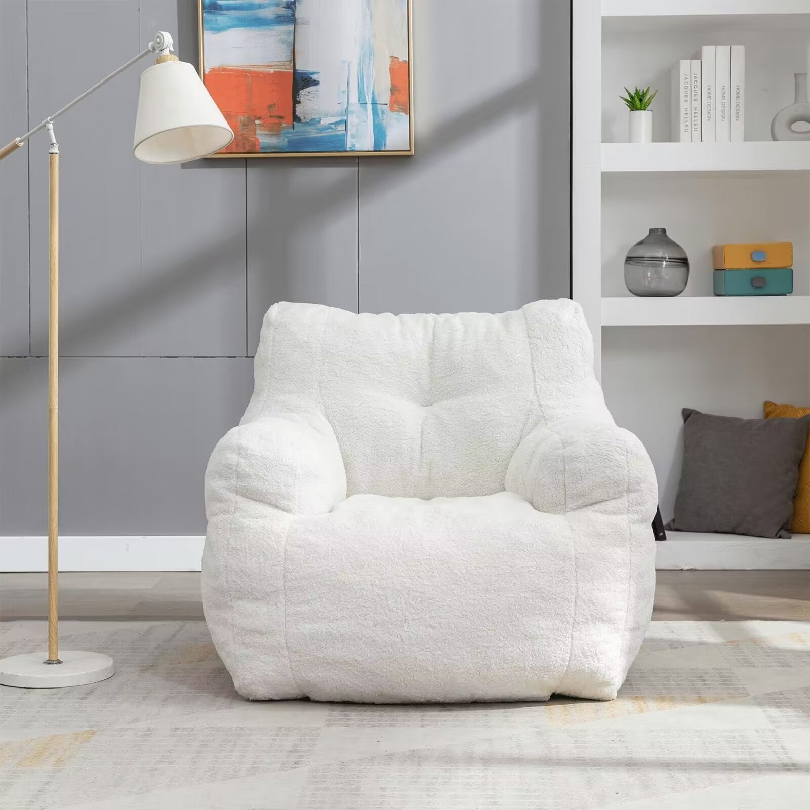 White Tufted Teddy Fabric Bean Bag Sofa with Armrest B730