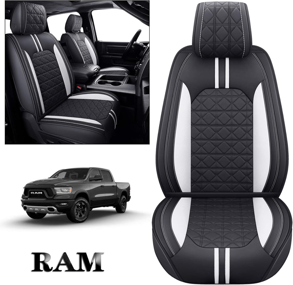 Black-White Waterproof Faux Leather Front Seat Covers F574