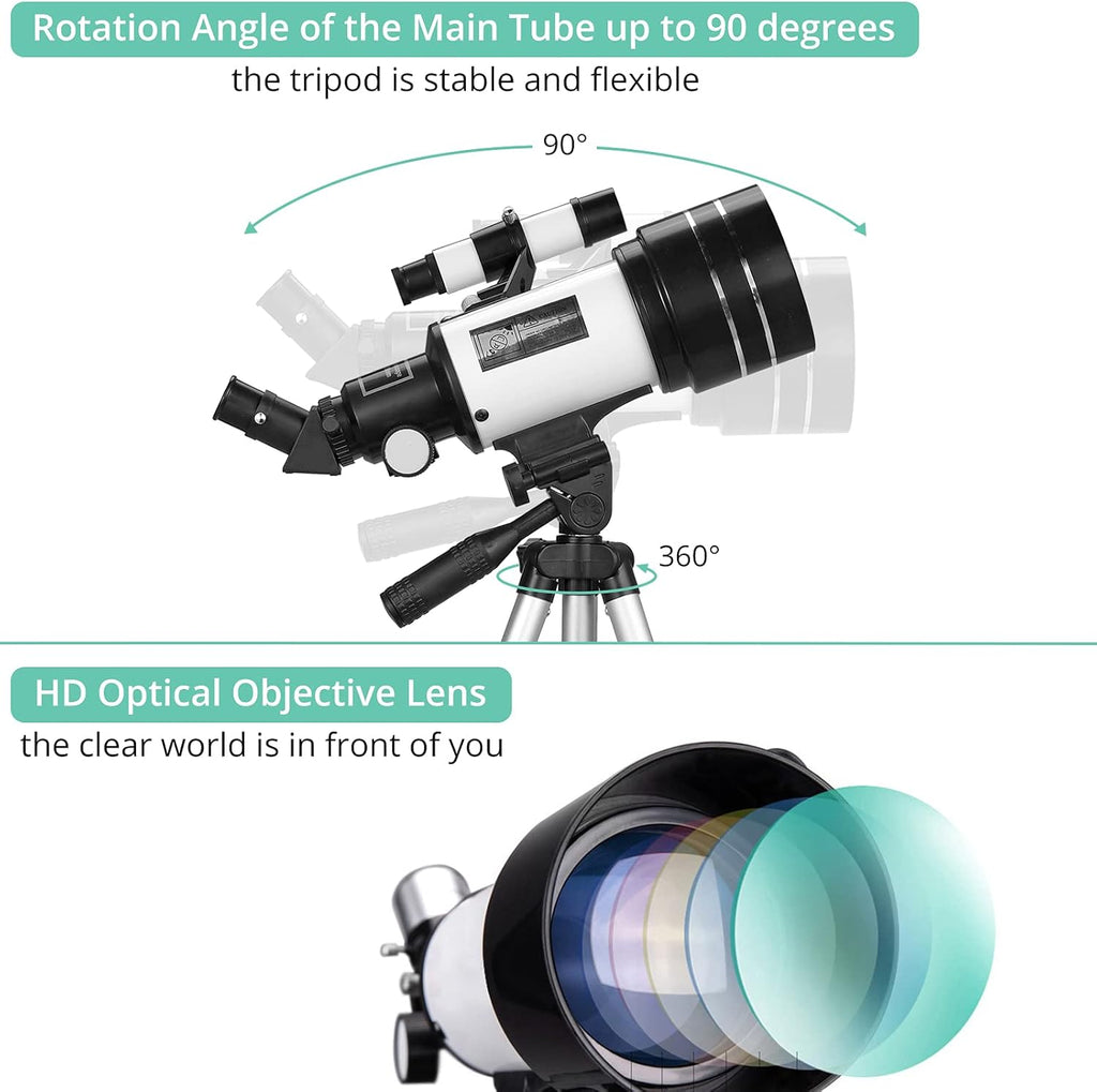 70mm Aperture 300mm Focal Length Refractor Telescope with Adjustable Tripod Stand E967