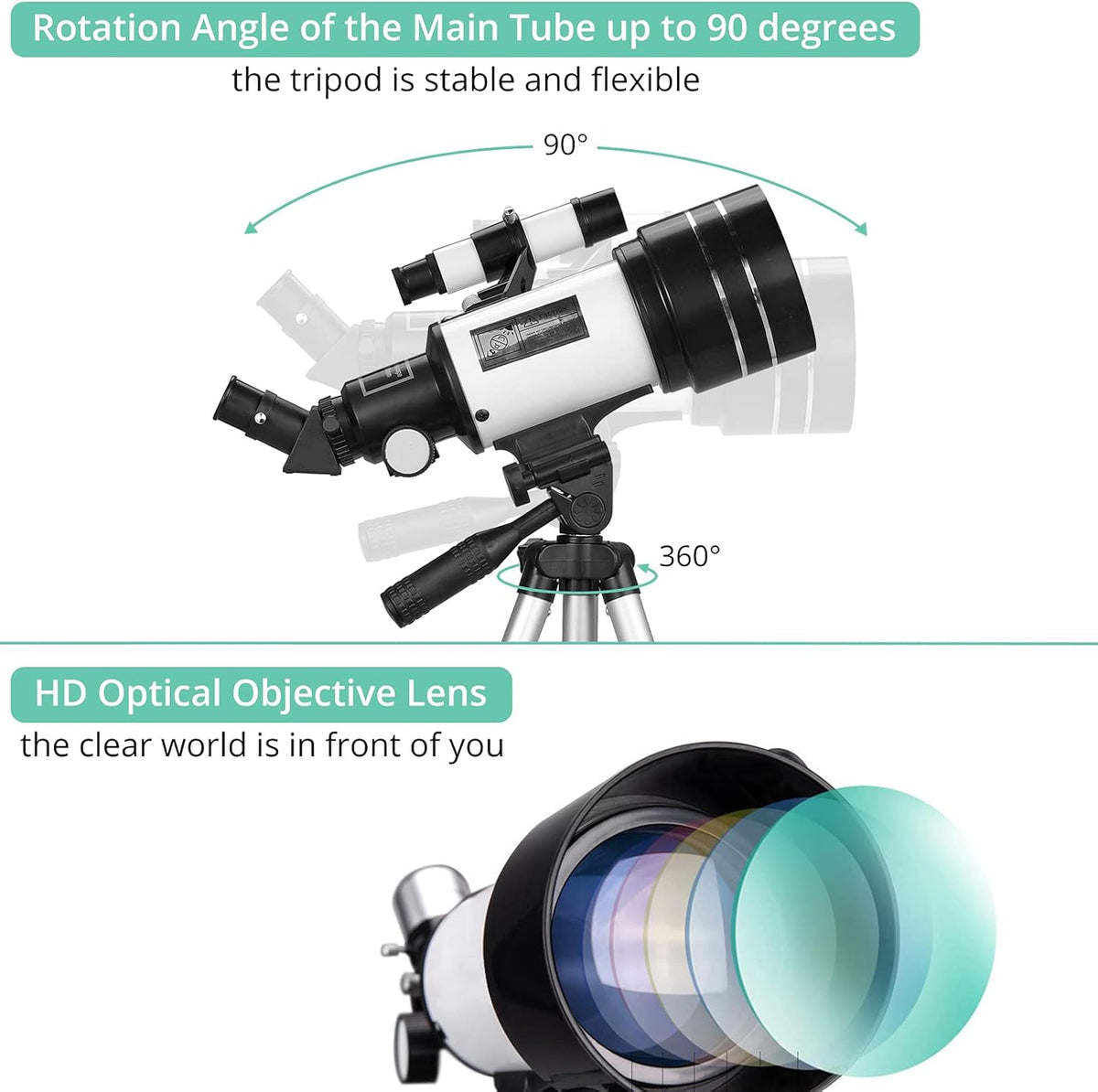 70mm Aperture 300mm Focal Length Refractor Telescope with Adjustable Tripod Stand E967