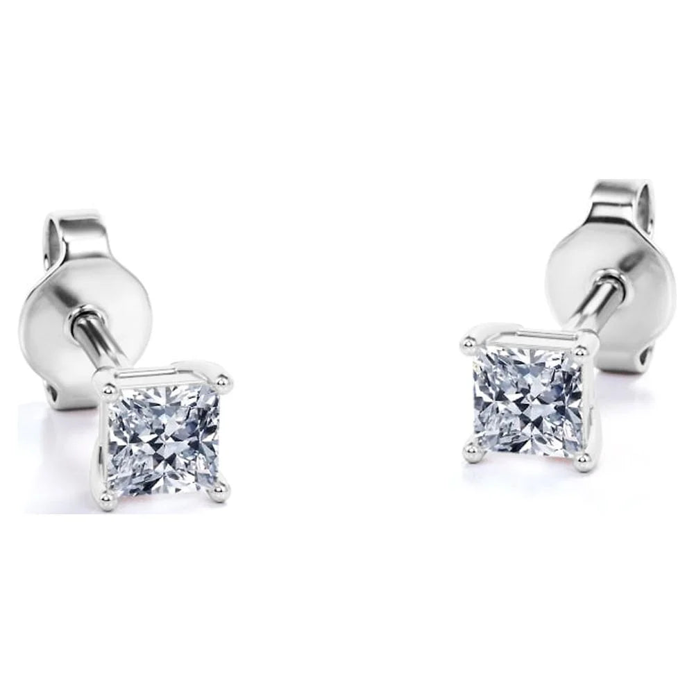 0.5 Carat Princess Cut Diamond Solitaire Stud Earrings in 18K White Gold Plating Over Silver S5529