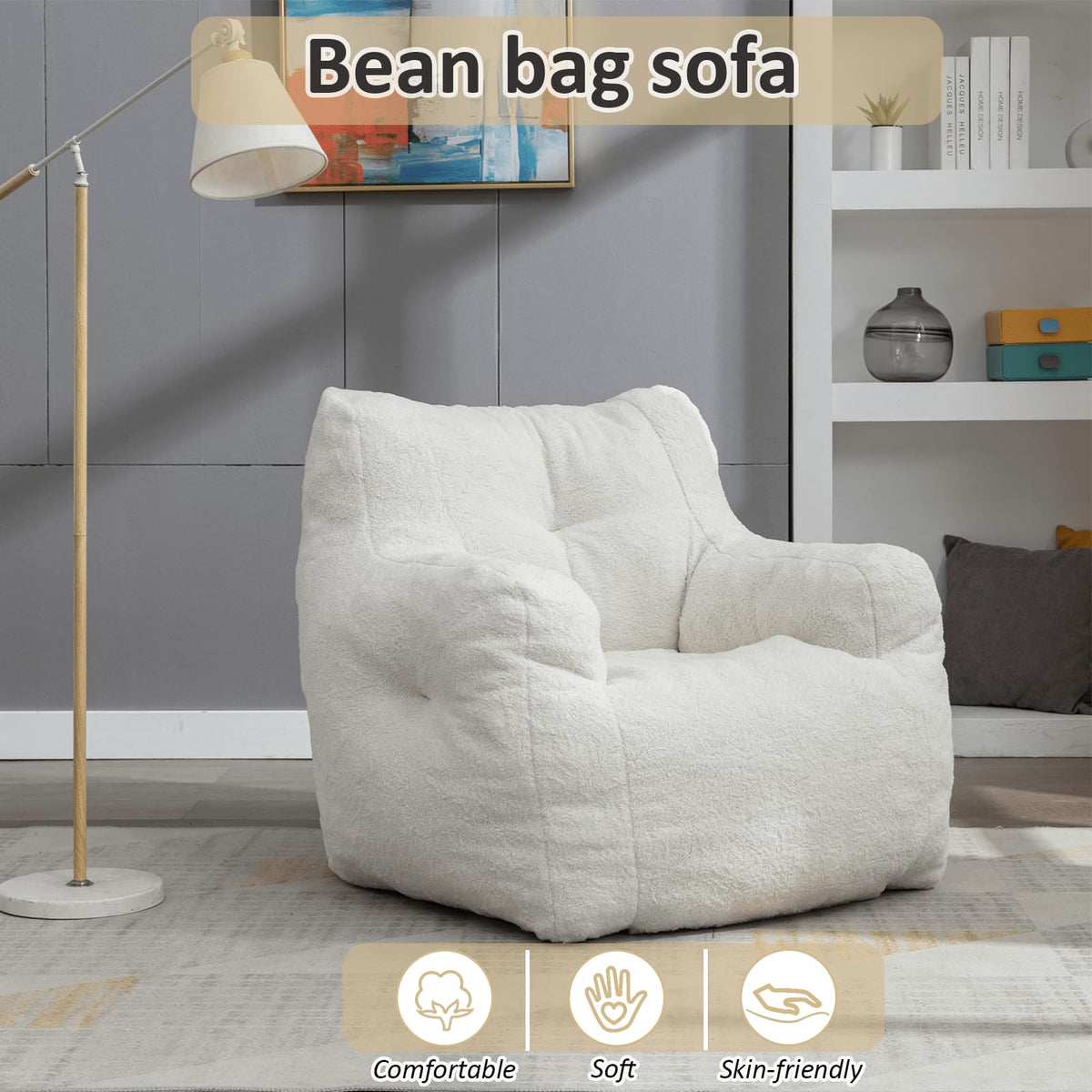 White Tufted Teddy Fabric Bean Bag Sofa with Armrest B730