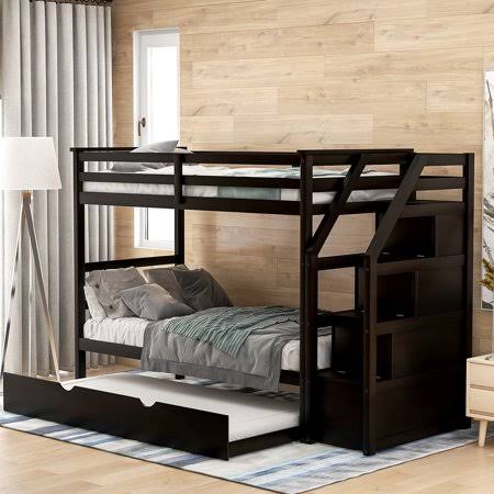 Espresso Twin-Over-Twin Bunk Bed with Trundle and 3 Storage Stairs P3033
