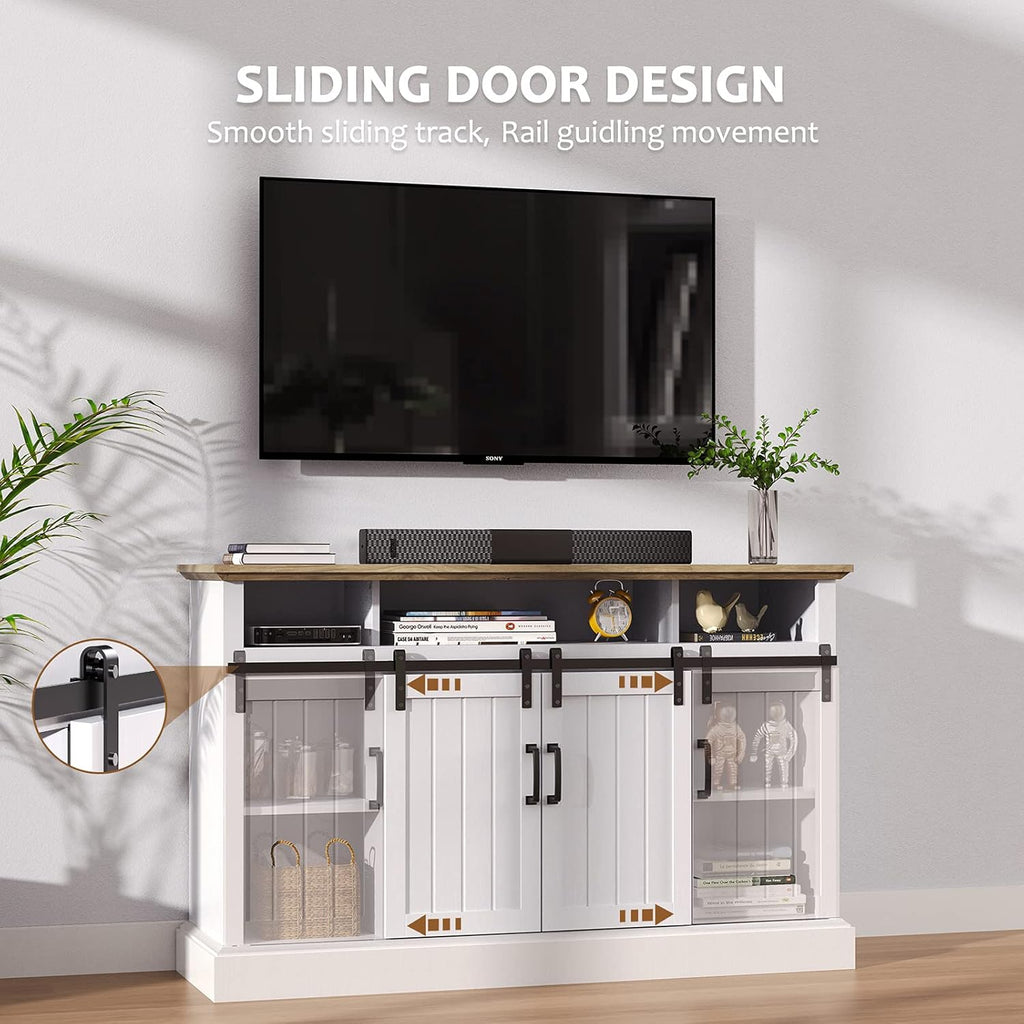 White Sliding Barn Door TV Stand with Adjustable Shelves P4824