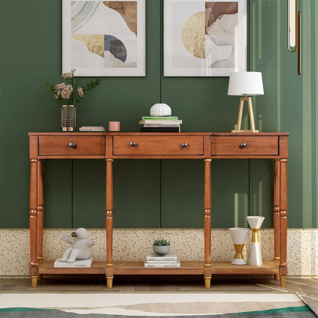 Antique Green Solid Wood Console Table with Storage Shelf and Drawer D553