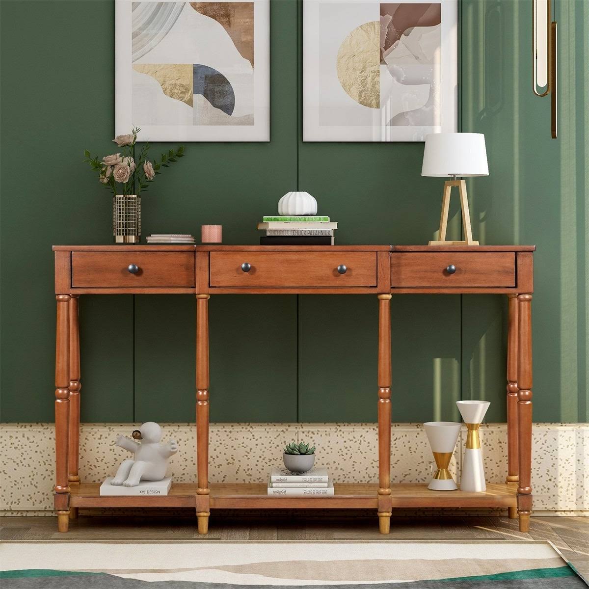 Antique Green Solid Wood Console Table with Storage Shelf and Drawer D553
