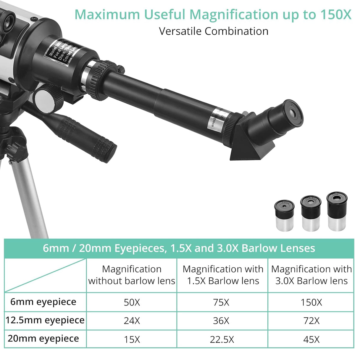 70mm Aperture 300mm Focal Length Refractor Telescope with Adjustable Tripod Stand E967