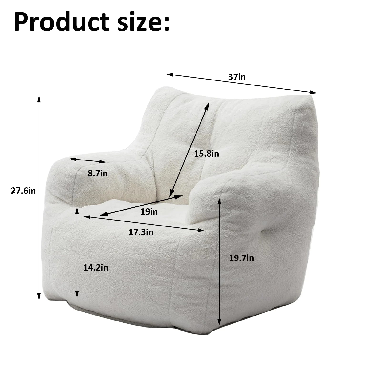 White Tufted Teddy Fabric Bean Bag Sofa with Armrest B730