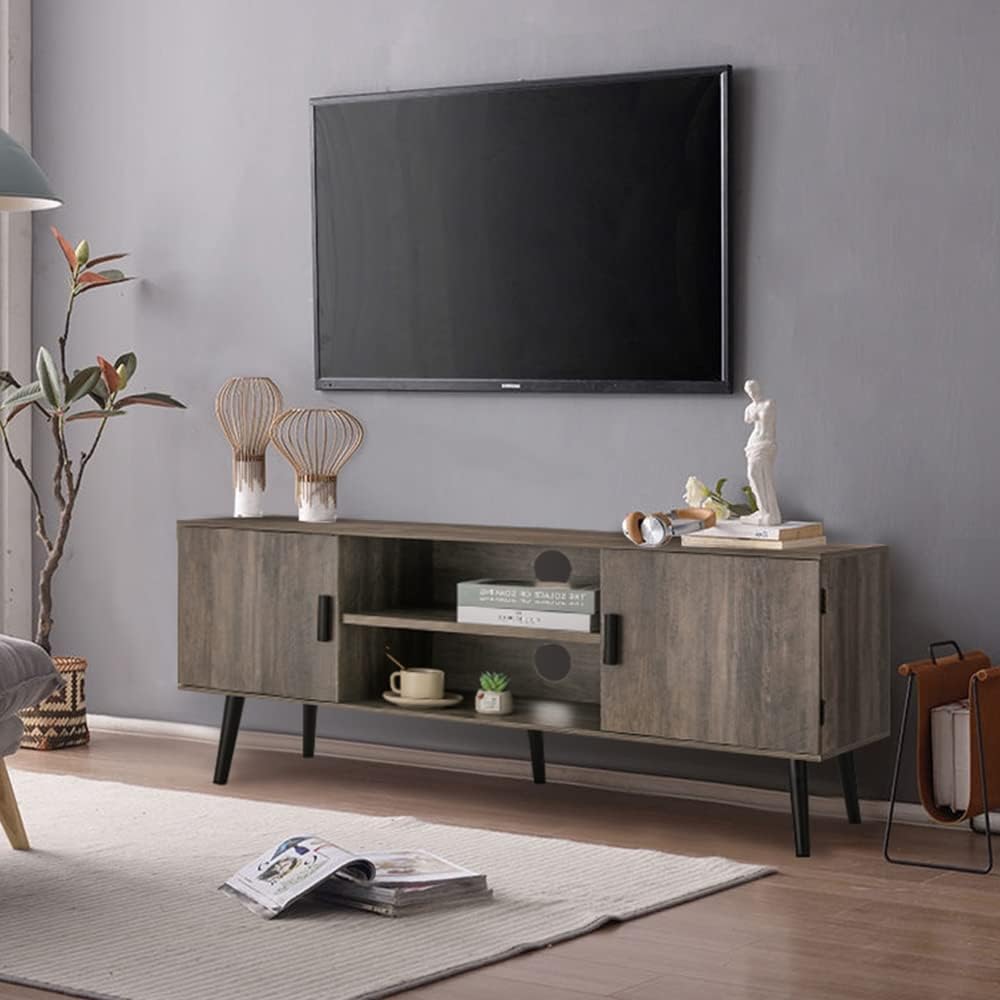 Dark Walnut Retro TV Stand with 2 Cabinet and 2 Shelves X98417
