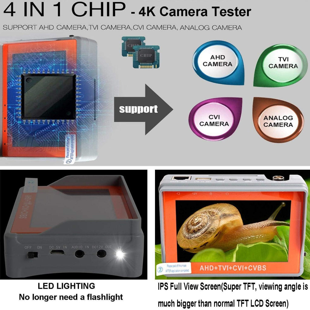 4 in 1 CCTV Tester for 1080P/3.0mp/4mp/5mp/8.0 Megapixel AHD, TVI, CVI, CVBS Analog Security Camera, 4.3 Inch IPS LCD Screen Video Monitor,12V 1A DC Out,PTZ/UTP Cable/Audio Tester Pack of 2 O8311