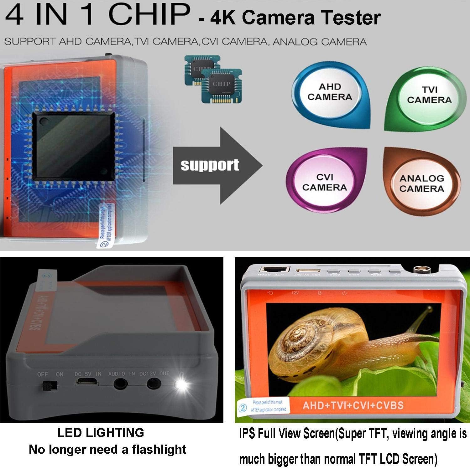 4 in 1 CCTV Tester for 1080P/3.0mp/4mp/5mp/8.0 Megapixel AHD, TVI, CVI, CVBS Analog Security Camera, 4.3 Inch IPS LCD Screen Video Monitor,12V 1A DC Out,PTZ/UTP Cable/Audio Tester Pack of 2 O8311