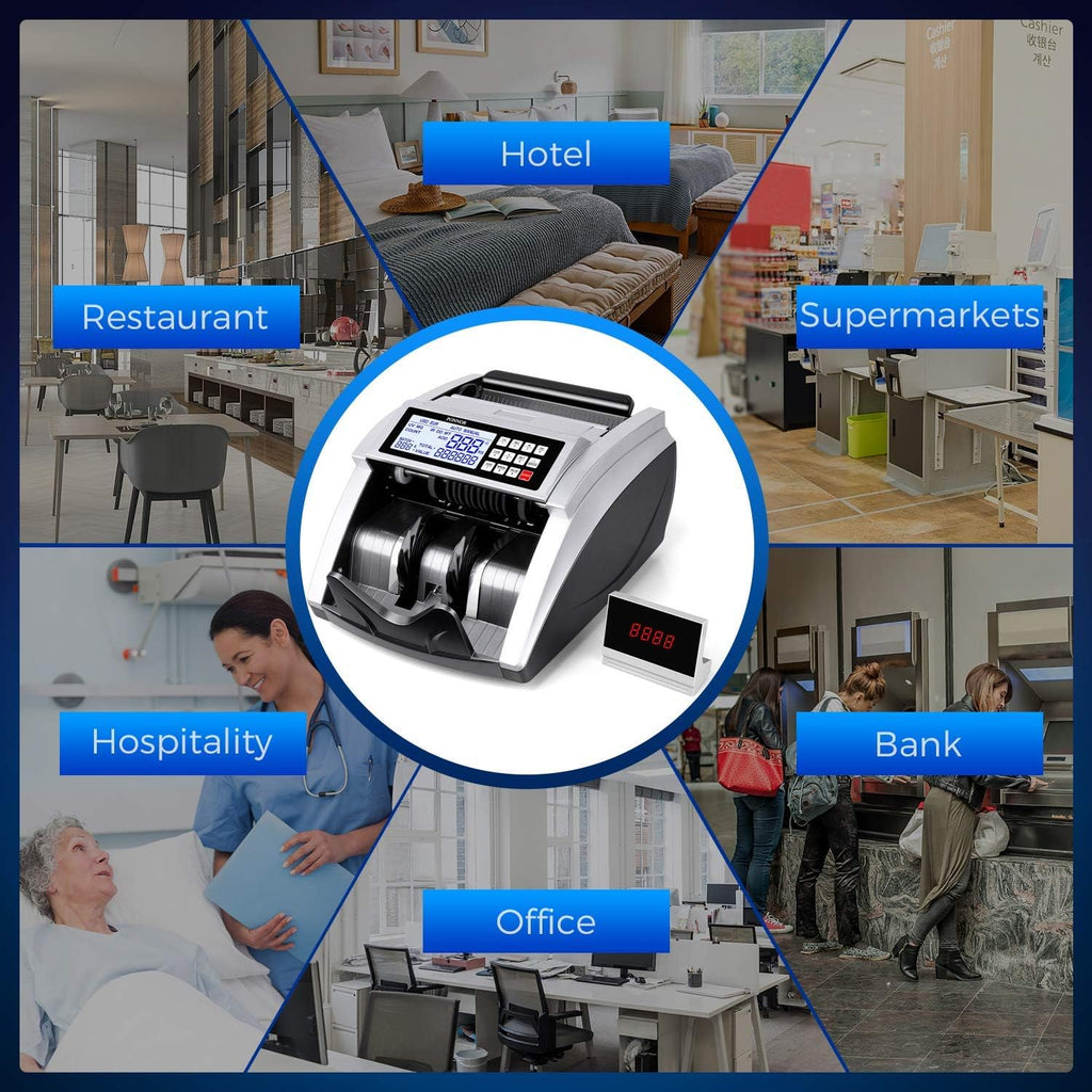 Money Counter Machine with UV/MG/IR/DD/DBL/HLF/CHN Counterfeit Detection, Bill Counting Machine with Portable Handle, Enlarge LCD Display S90305