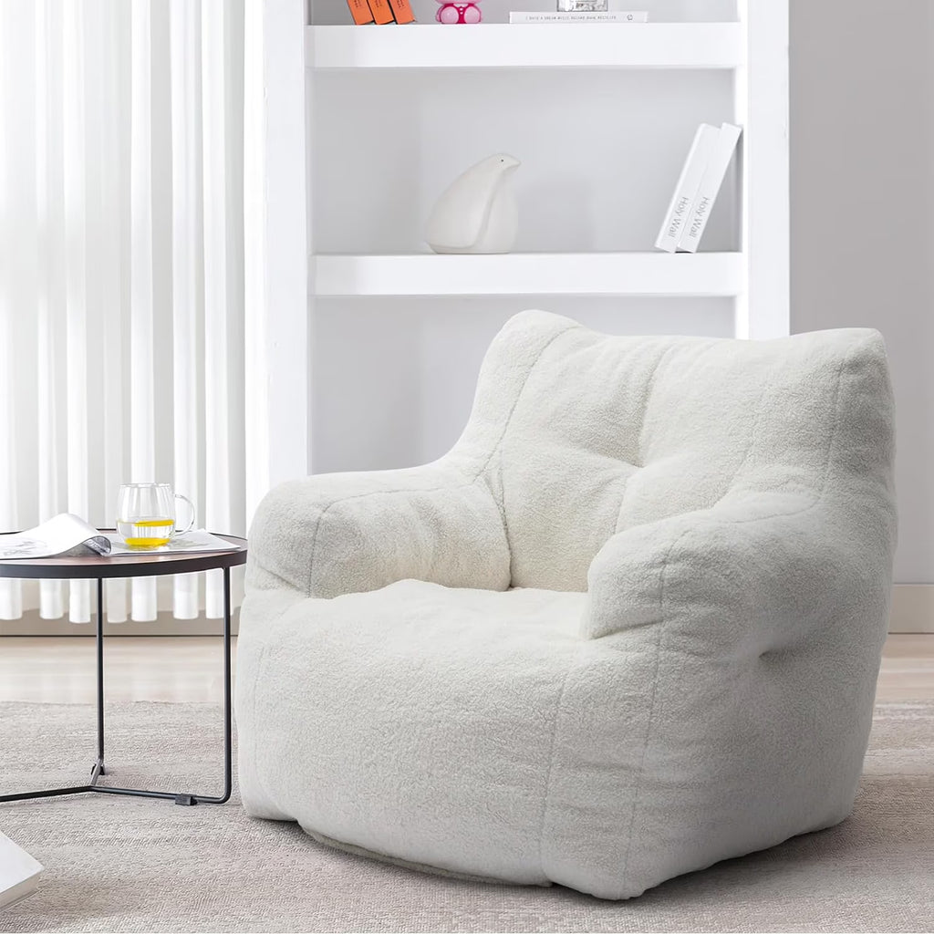White Tufted Teddy Fabric Bean Bag Sofa with Armrest B730