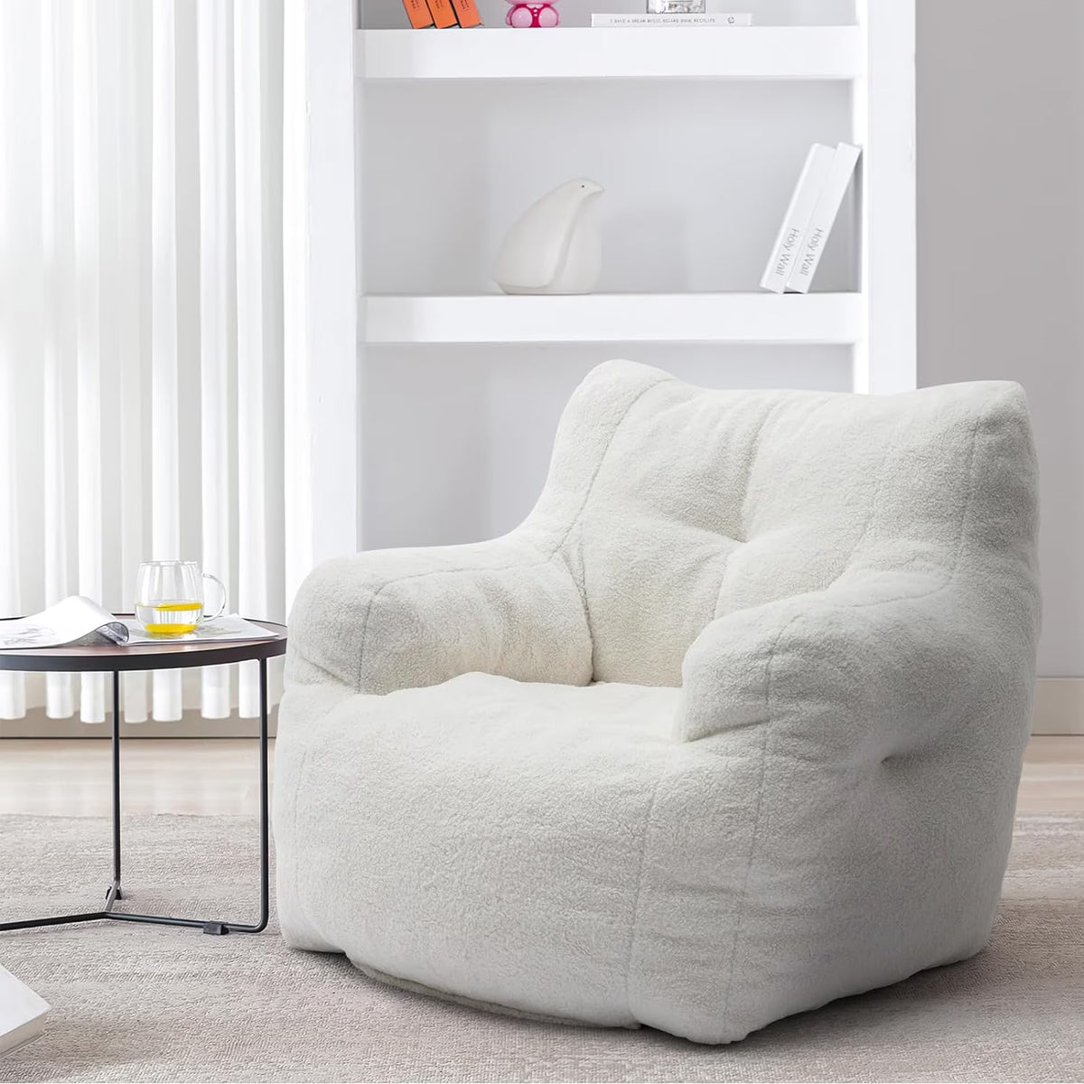 White Tufted Teddy Fabric Bean Bag Sofa with Armrest B730