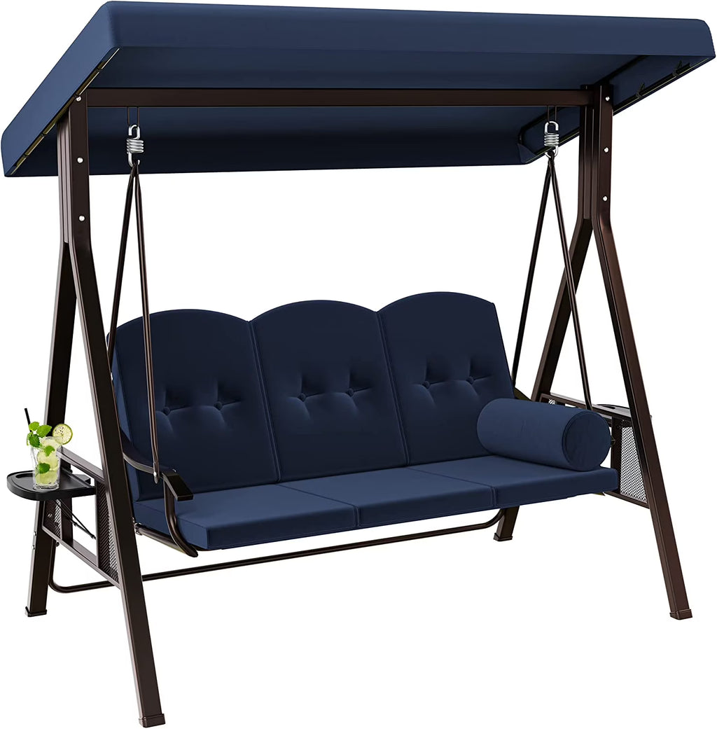 Navy Blue 3-Seat Steel Frame Patio Swing Chair with Canopy and Cushions S698