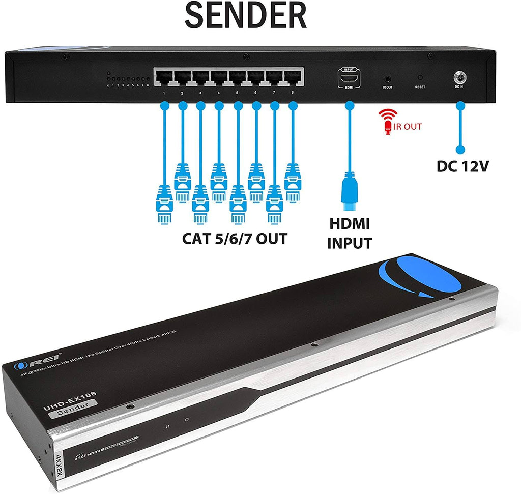 4K 1x8 HDMI Extender Splitter over Single Cable CAT5e/6/7 with IR Remote G8366