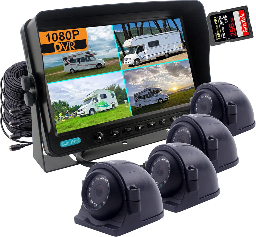 9 inch 1080P HD Digital Monitor Rear View Camera System with Wired HD DVR Recorder, 4 Channel Input, Quad Split Screen, 4X 1080P Heavy Duty Waterproof Backup Side View Camera U331401