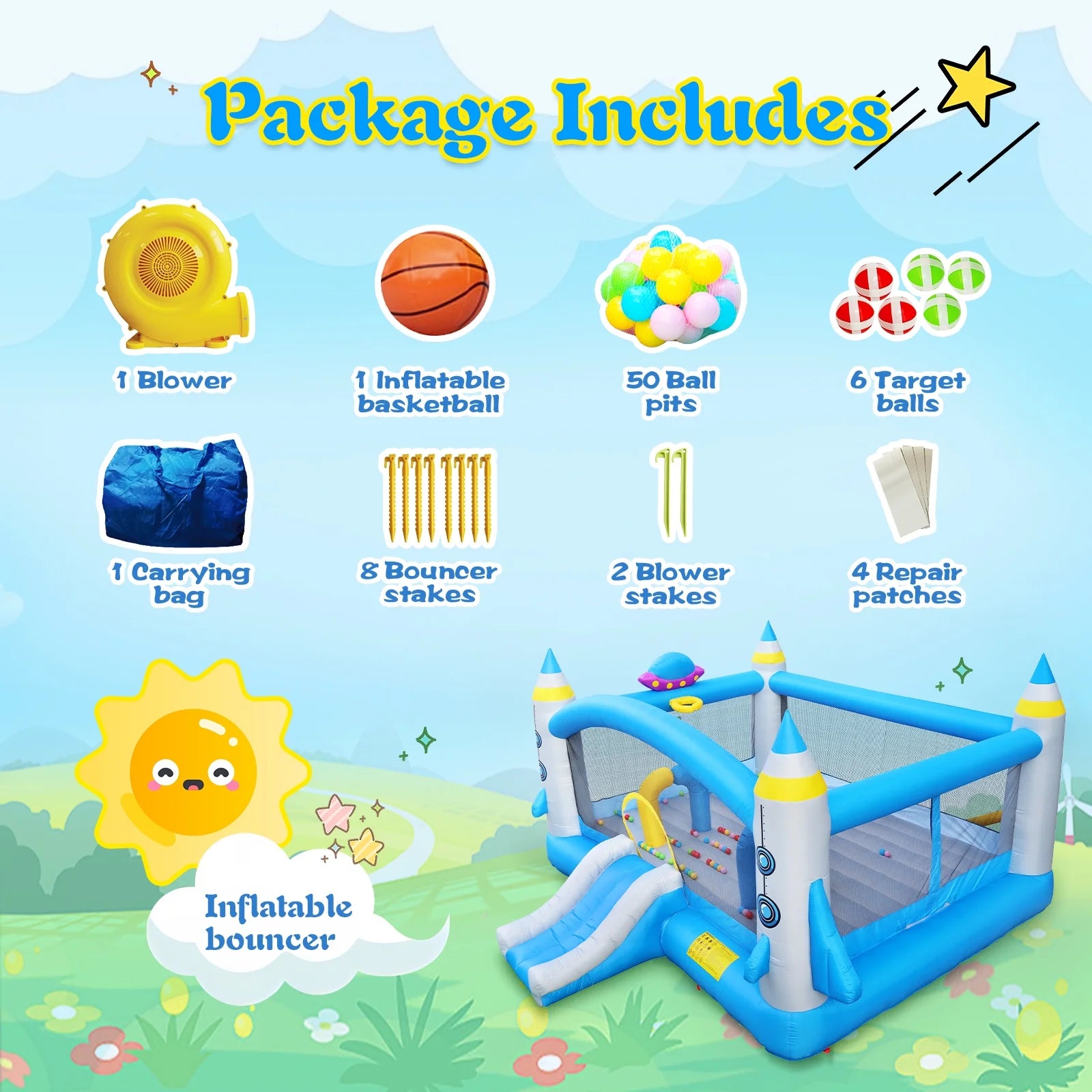 Inflatable Bouncer with Blower, 198" x 180" Play Area, 96" Tall C48435