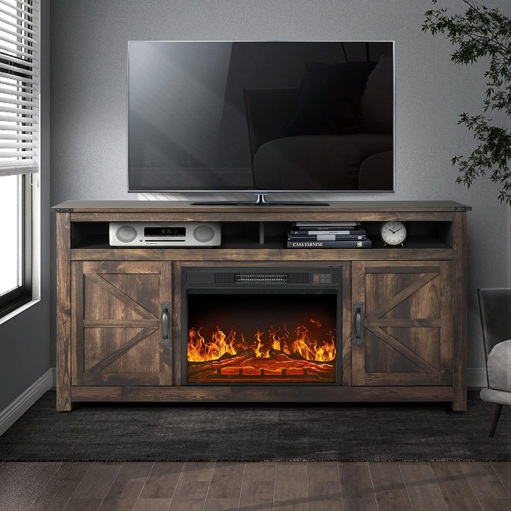 Gray Barn Door TV Stand with 2 Storage Cabinets and Open Shelves Q175761