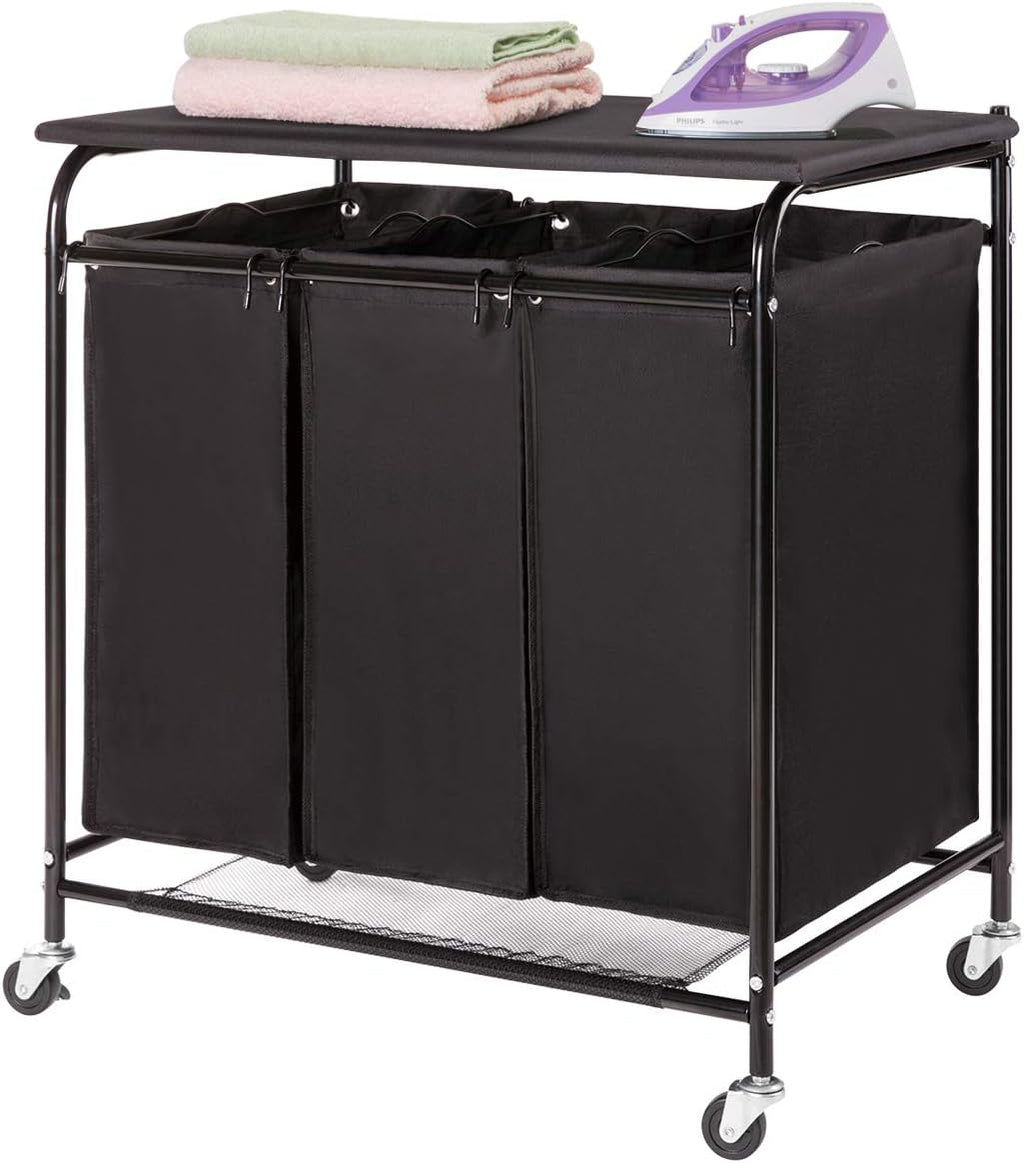 3-Bag Laundry Sorter Cart with Ironing Board Black E806