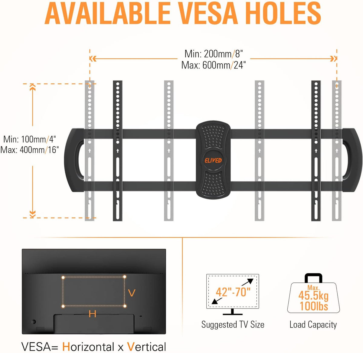 Full Motion TV Wall Mount for 42-70 Inch Flat Screen TVs, Max VESA 600x400mm, 100 lbs. Loading X3814