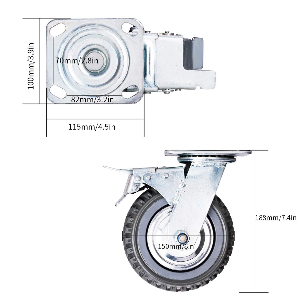 6 inch Heavy Duty Rubber Swivel Caster Wheels 4 Pack with Top Plate B5765