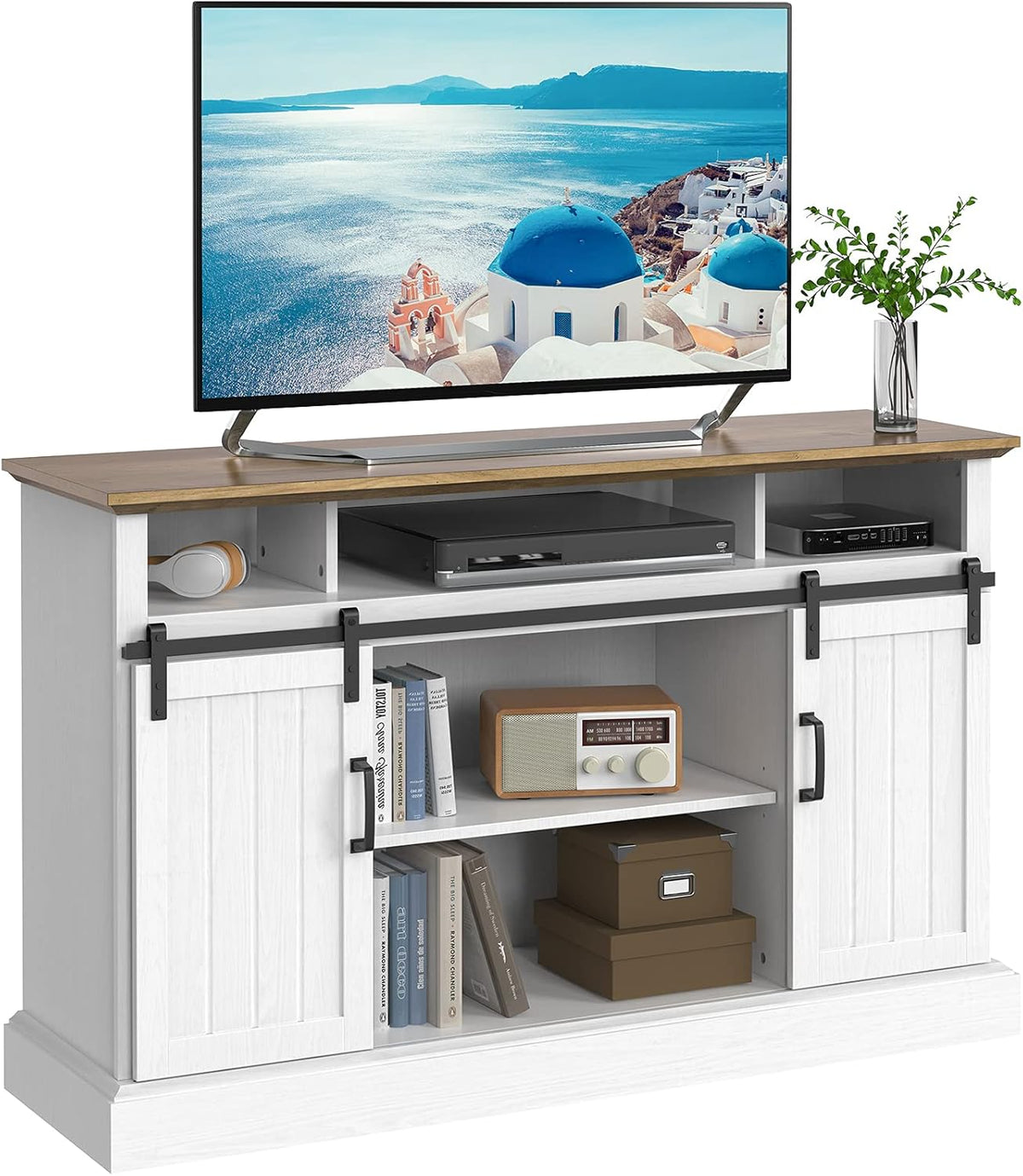 White Sliding Barn Door TV Stand with Adjustable Shelves P4824