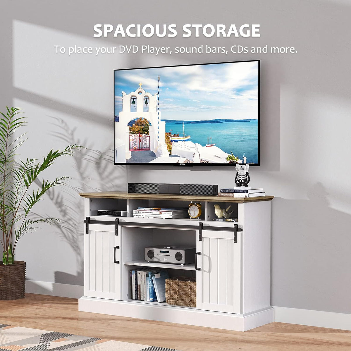 White Sliding Barn Door TV Stand with Adjustable Shelves P4824