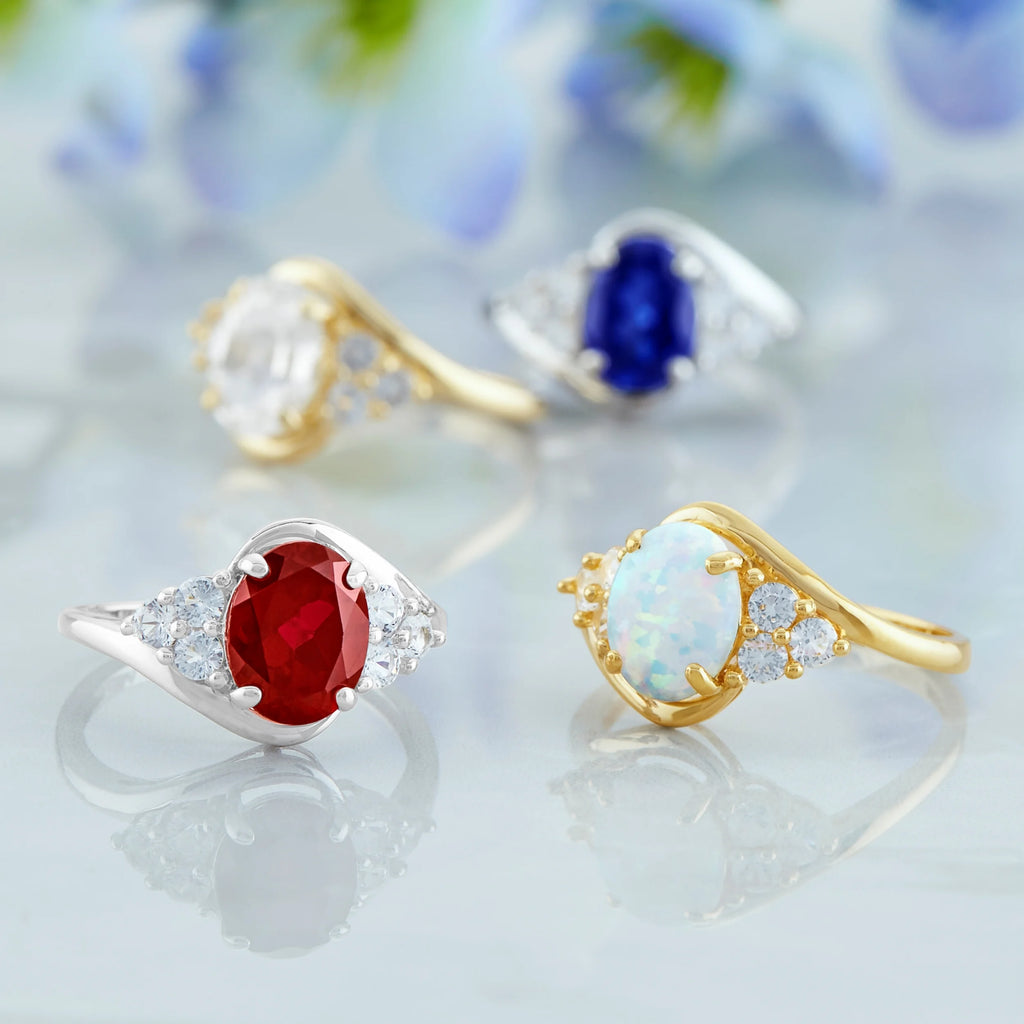 Red Ruby Oval Halo Ring in 10k Yellow Gold with Created White Sapphire U420544