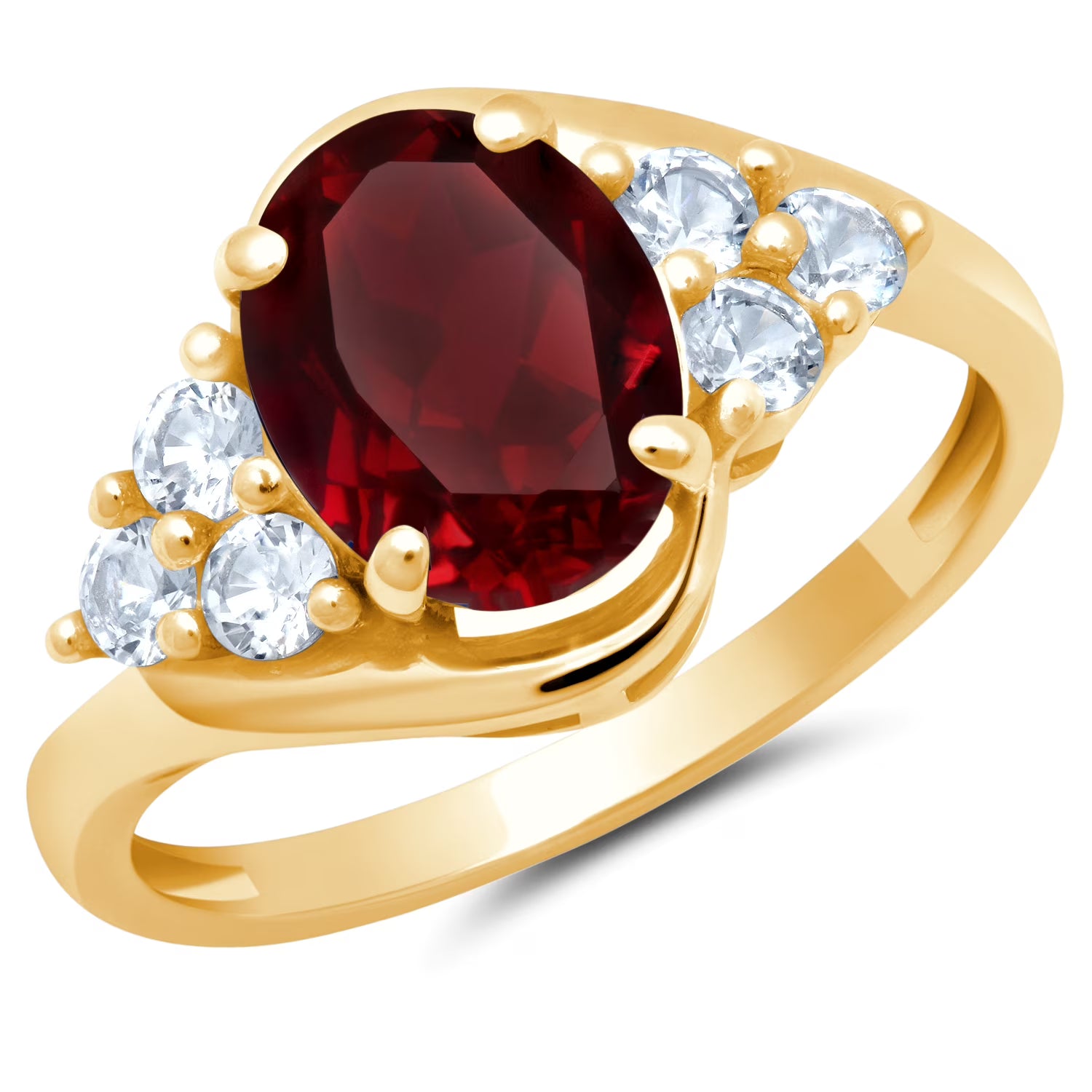 Red Ruby Oval Halo Ring in 10k Yellow Gold with Created White Sapphire U420544
