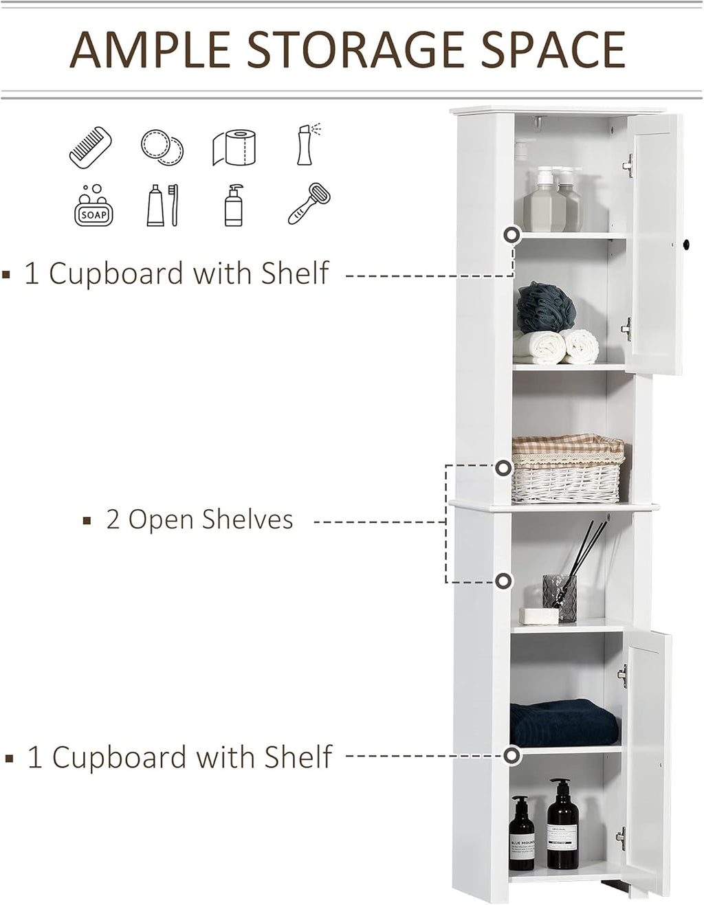 White Freestanding Bathroom Storage Cabinet with 2-Tier Shelf and 2 Cupboards X643