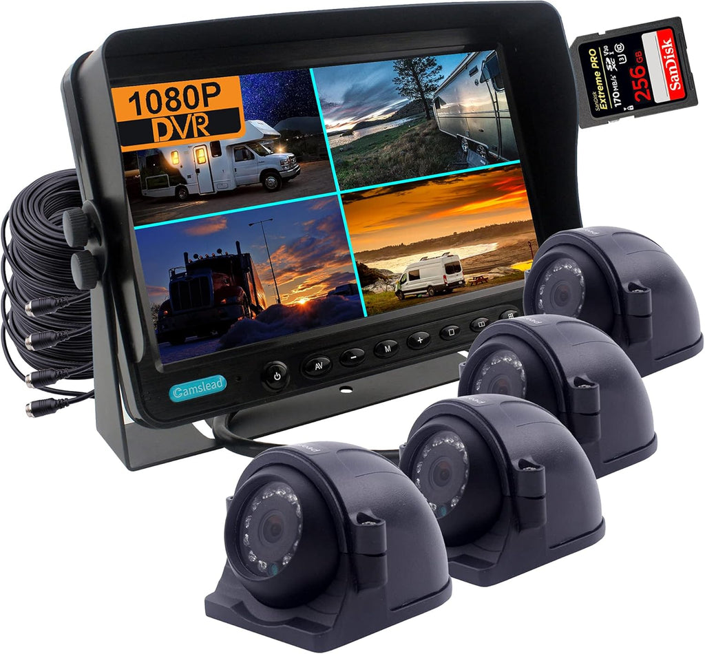 9 inch 1080P HD Digital Monitor Rear View Camera System with Wired HD DVR Recorder, 4 Channel Input, Quad Split Screen, 4X 1080P Heavy Duty Waterproof Backup Side View Camera U331401