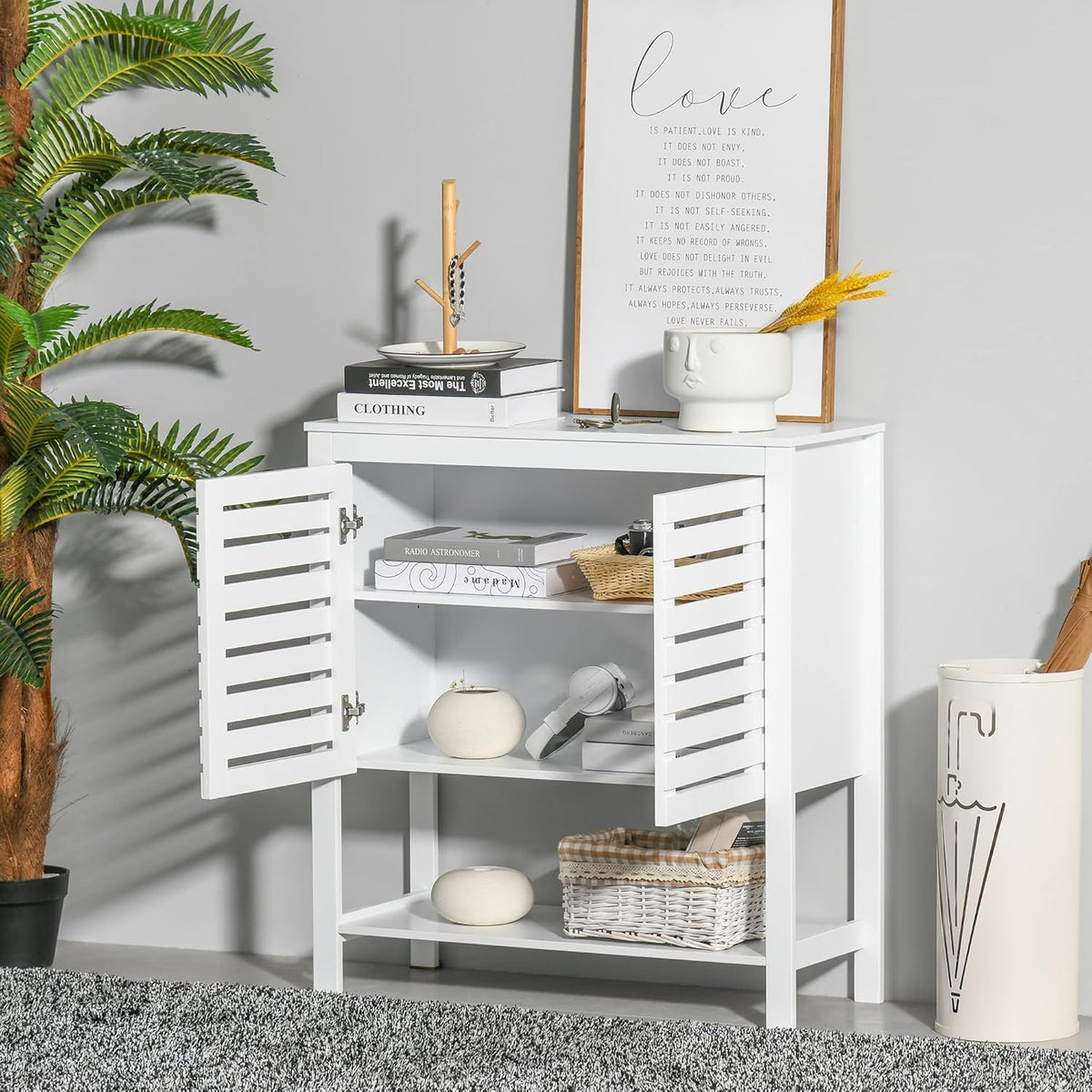 White Buffet Sideboard Storage Cabinet with Slat Double Doors Y58751
